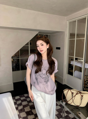 AeoAlways【紫藤梦境】紫色印花短袖T恤女新款夏宽松纯棉显白上衣