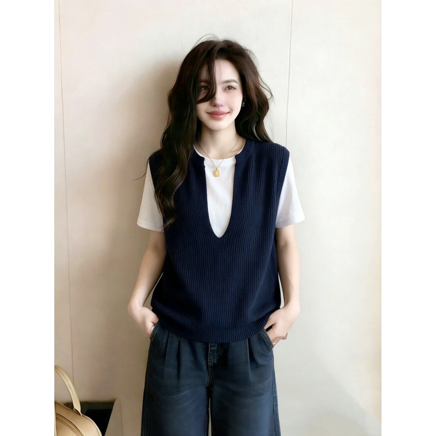 藏青色假两件冰丝针织短袖T恤女2026新款夏大码胖mm显瘦正肩上衣