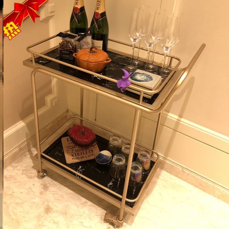 北欧家用移动手推车餐车酒店饭厅酒水车金色三层小推车商用服务车