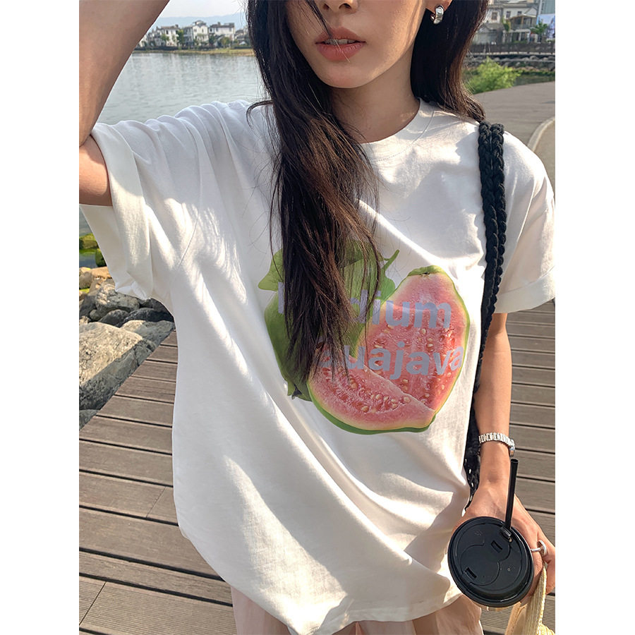番石榴印花字母圆领宽松短袖T恤女2025夏新款清新流行芭乐上衣