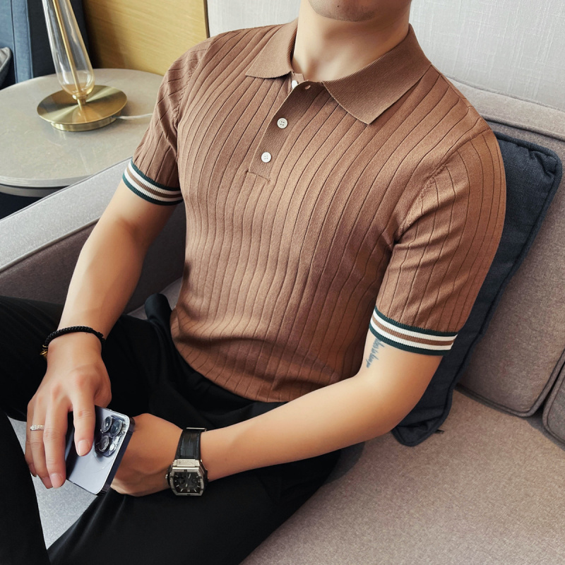 高端设计感条纹撞色冰丝polo衫男短袖夏天薄款透气痞帅翻领针织t