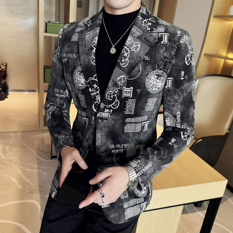 2025新款花西装男外套秋冬潮牌单西高级感牛仔质感休闲小西装痞帅
