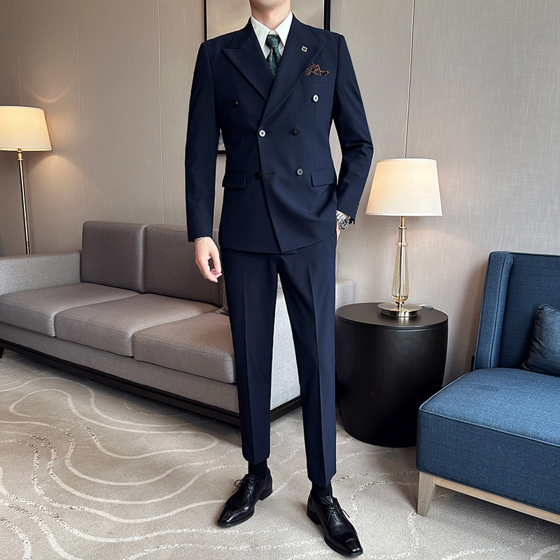 双排扣商务西装套装男结婚三件套