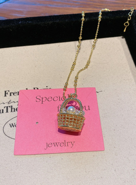 设计感珍珠锆石编织花篮吊坠项链