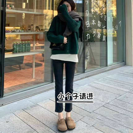 黑色烟管直筒牛仔裤女2024年秋冬加绒新款145小个子七分法棍裤子8