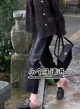 145小个子柔软仿真皮宽松后腰松紧小直筒散边七分pu皮裤女休闲裤8