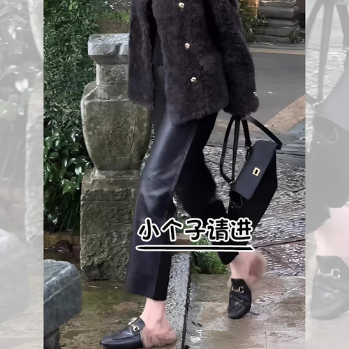 145小个子柔软仿真皮宽松后腰松紧小直筒散边七分pu皮裤女休闲裤8