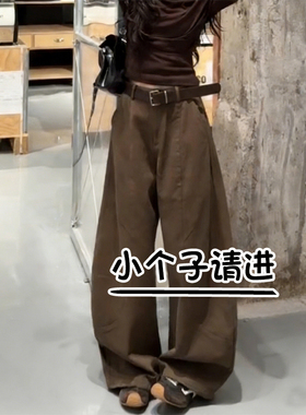 145小个子美式复古咖色阔腿弯刀牛仔裤女高腰宽松八分休闲工装裤9