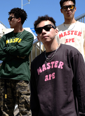 Masterape秋季新款潮牌美式宽松印花撞色LOGO纯棉重磅男女长袖T恤