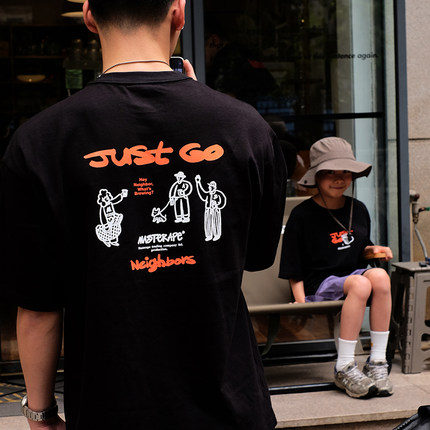 Masterape联名JUSTGO咖啡节300克重磅宽松落肩短袖T恤男女亲子
