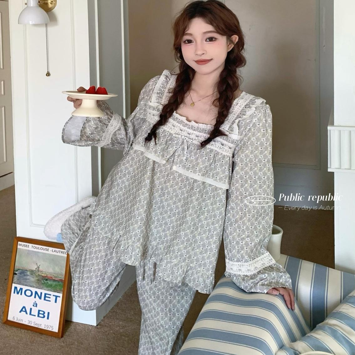 韩国PB品牌甜美印花复古花边睡裙