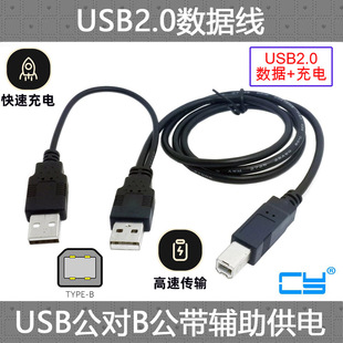 CY带辅助2A供电USB 2.0移动硬盘数据线三头转接线 双USB供电对标准B型线 延长线 连接线