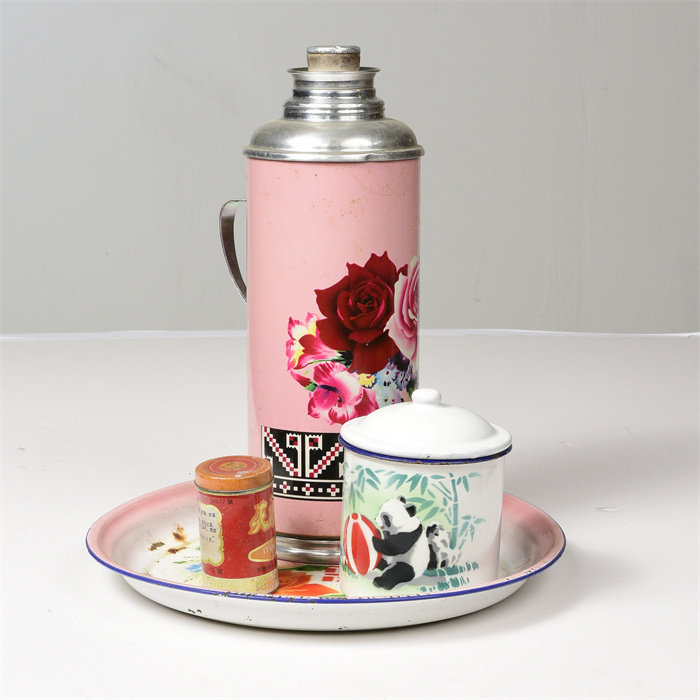 怀旧1套4件复古热水瓶暖水壶保温瓶烟盒茶缸装饰摆件摄影道具餐厅