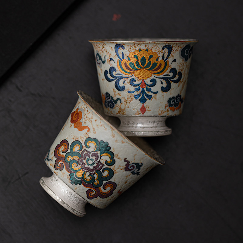 敦煌汝窑粉彩鎏银茶杯彩色花卉纹功夫茶具品茗杯主人杯单杯茶杯