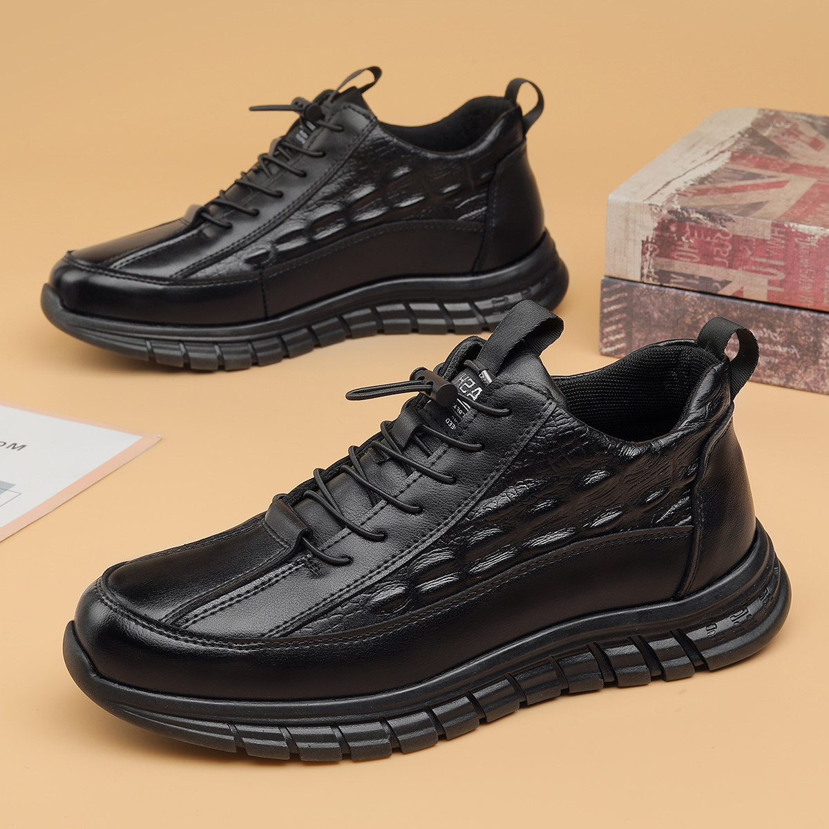 男鞋2026新款冬季潮流运动鞋鳄鱼纹真皮休闲高端鞋耐磨厚底皮鞋子