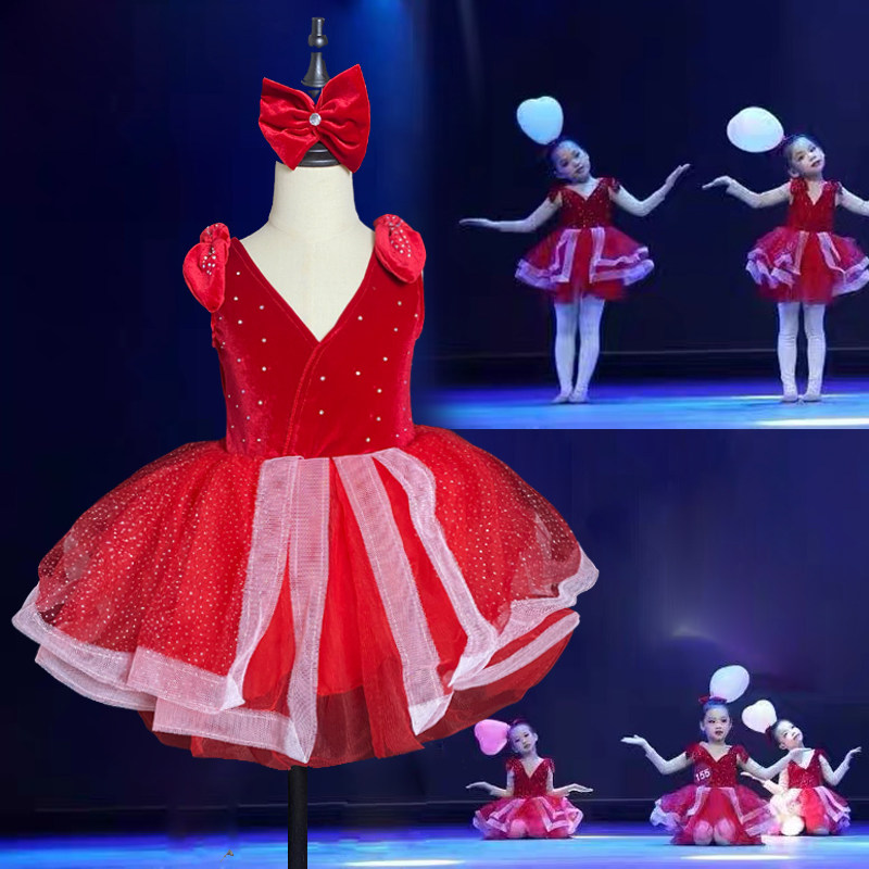 中国芭比戏梦蝶演出服蓬蓬纱裙六一儿童幼儿舞蹈红色喜庆表演服装