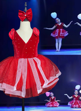 中国芭比戏梦蝶演出服蓬蓬纱裙六一儿童幼儿舞蹈红色喜庆表演服装