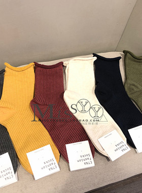 韩国代购纯色袜子春秋学院风时尚竖条纹短袜东大门卷边堆堆袜潮