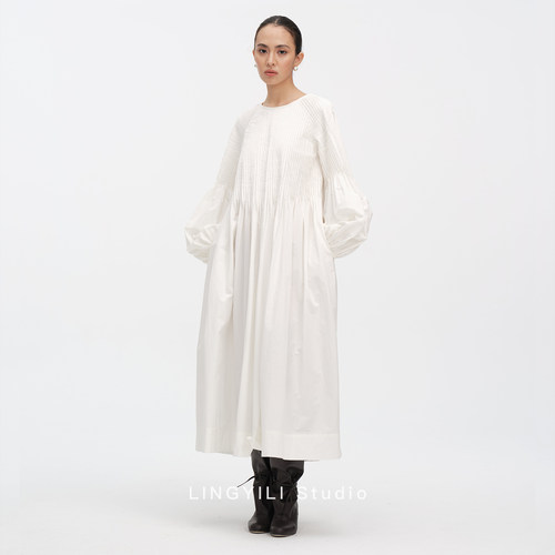 LINGYILI 春秋系列 文艺风重工塔克褶设计宽松大摆连衣裙