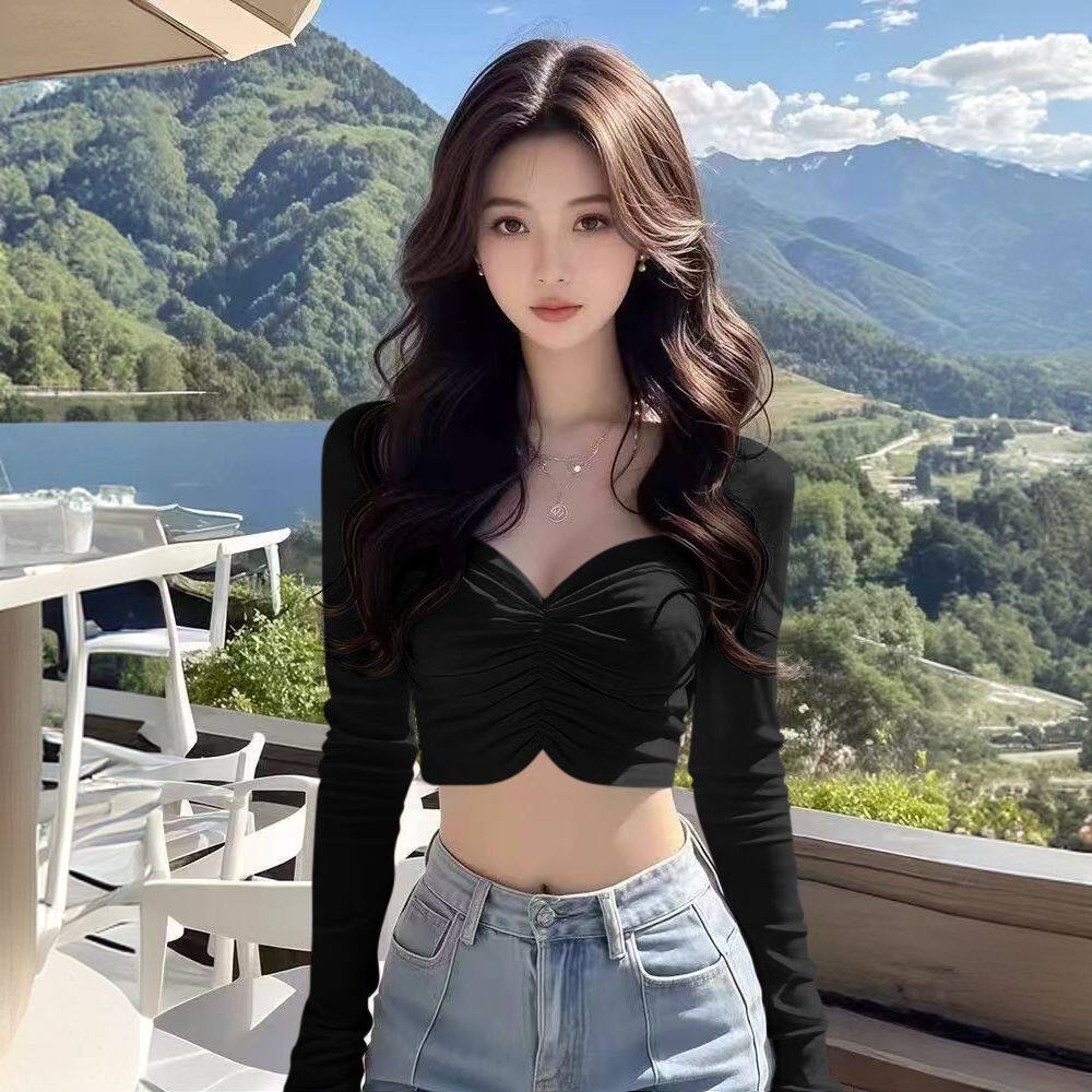 春秋装新款韩版性感V领褶皱显瘦长袖T恤女黑色露脐短款设计感上衣