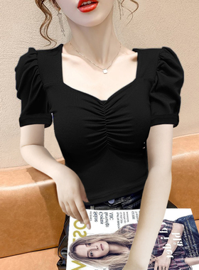 方领泡泡袖上衣女法式小众别致辣妹短款性感T恤女设计短袖显瘦夏