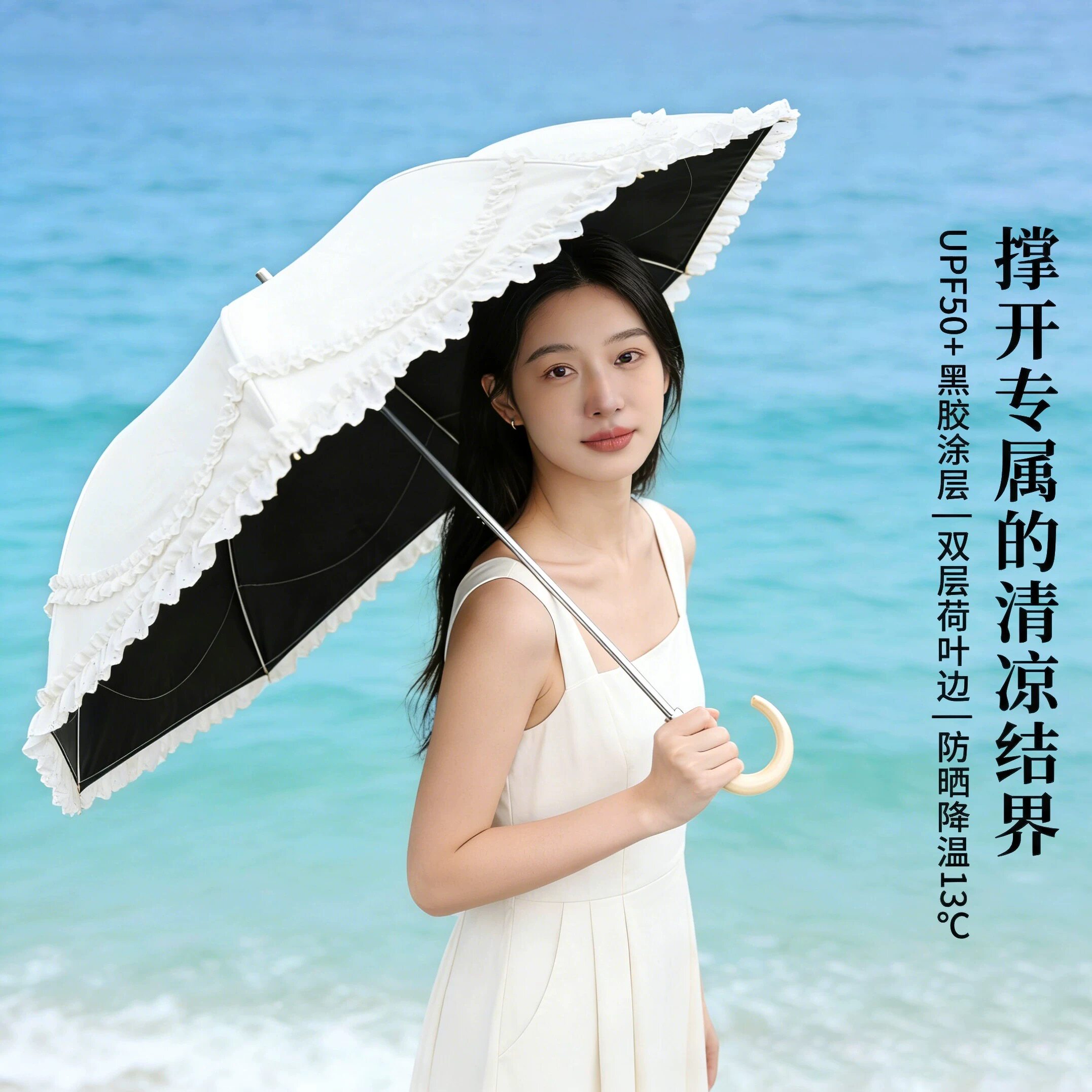 日式二节小巧便携遮阳伞双层花边太阳伞防紫外线仙女拍照两用伞