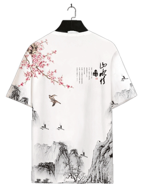 中国风短袖T恤男士古风水墨画半截袖夏季新款大码薄款冰丝半截袖