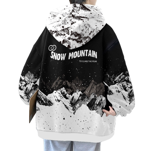 宽松卫衣男款春季重磅连帽薄款开衫外套oversize雪山字母时尚衣服