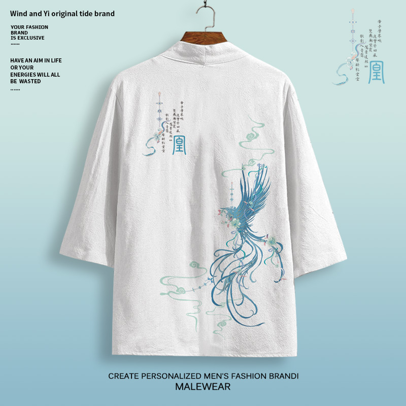 ins国潮凤凰印花道袍外套男夏季薄款防晒羽织汉服大码青少年披风