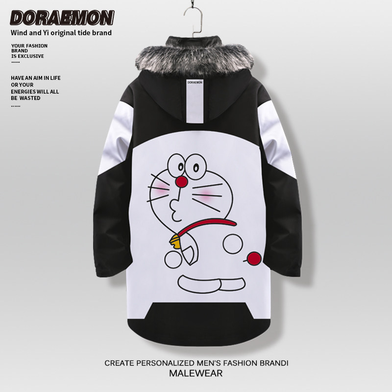 中长款羽绒服男士冬季加厚保暖哆啦A梦联名外套大码加肥连帽棉服