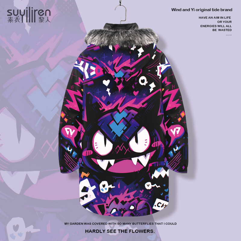 连帽羽绒服外套男设计感小众动漫周边卡通印花可拆卸内胆加厚棉服
