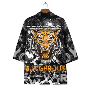 明制道袍汉服男ins国潮醒狮印花披风小众设计感大码外套唐装衬衫