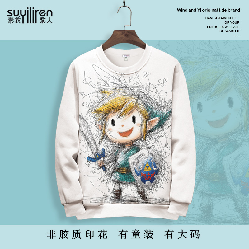 圆领卫衣外套男二次元林克游戏印花长袖T恤oversize加绒加厚上衣