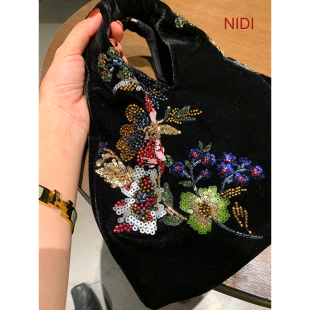 复古钉珠刺绣百搭手拎包 新款 新中式 亮片丝绒手提包女士2026年春季