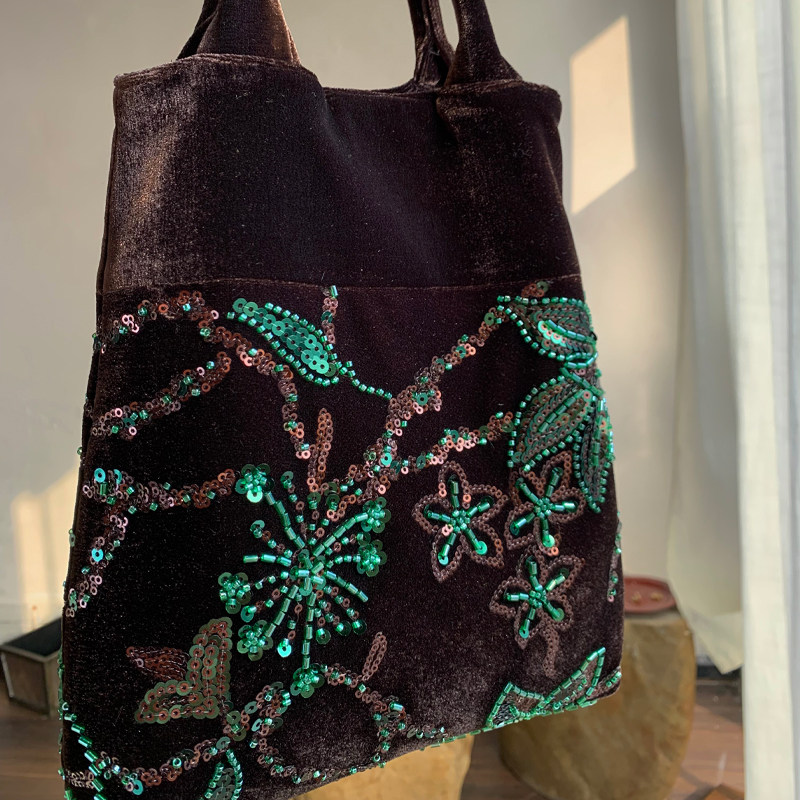 丝绒刺绣手提包女2025秋冬新款亮片小众新中式手提包时尚百搭手包