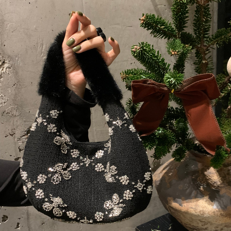 羊毛手拎包新中式亮片刺绣手提包女2025秋冬新款黑色百搭小众包包,箱包皮具/热销女包/男包,手拿包,淘宝优惠券,粉丝福利购,淘宝优惠卷