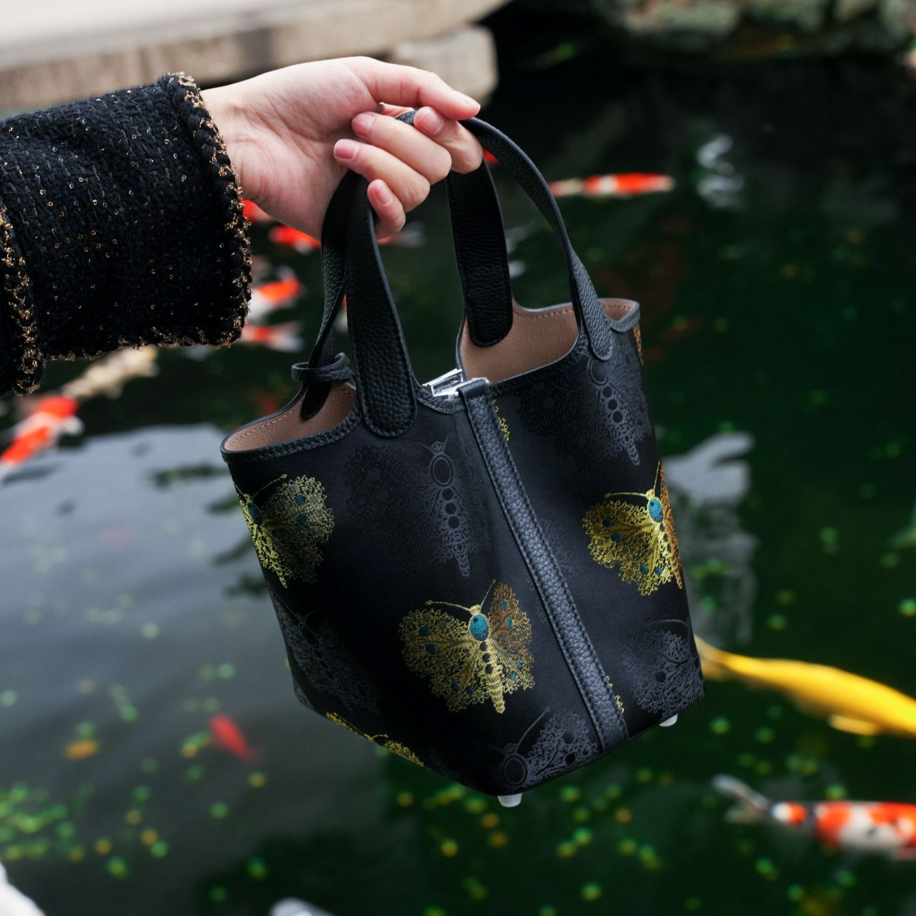 宋锦黑金蝴蝶菜篮子包