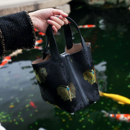 【碧蝶流光】 宋锦·黑金蝴蝶  新中式头层牛皮水桶包19*14*18cm