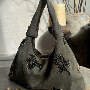 新中式刺绣手拎包女2025秋季新款百搭腋下包包复古麂皮绒托特包包