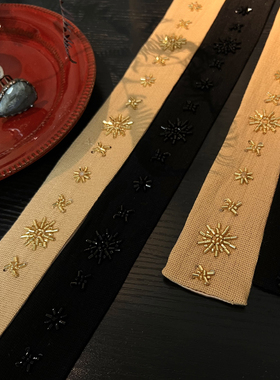 妮娣原创 亚麻钉珠手工领带 黑色 金色