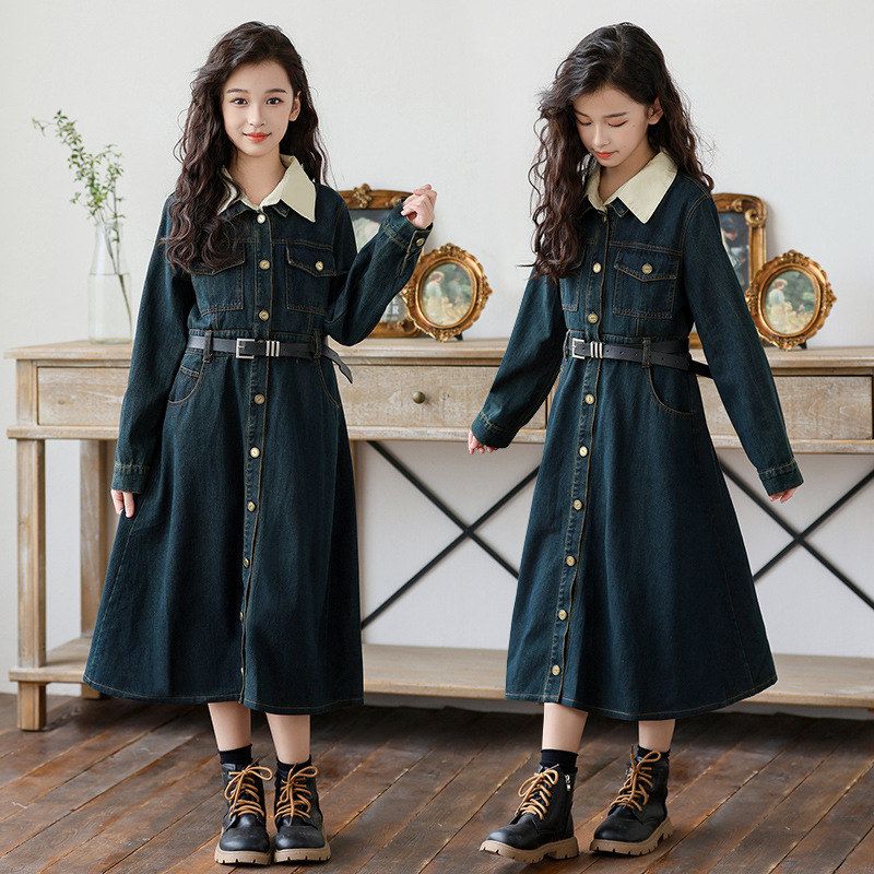 女童秋冬单排扣牛仔裙2025新款洋气女中大童收腰气质中长款连衣裙