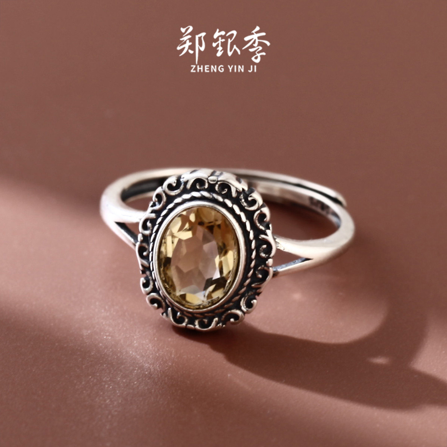 郑银季S925银黄水晶女戒指尼泊尔风宫廷夸张个性戒指开口可调节