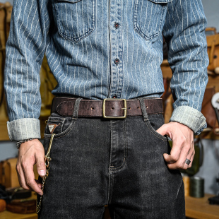 皮带男款 牛仔裤 牛皮腰带 黄铜真皮复古做旧简约工装 纯手工制作美式