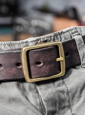 纯手工制作美式黄铜真皮复古做旧简约工装牛仔裤皮带男款牛皮腰带