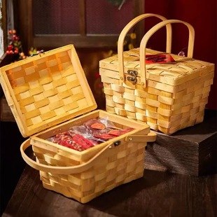 中秋国风竹木编织礼品篮糕点特产中式商务礼盒新年包装送礼手提篮