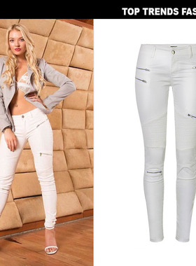 欧美ebay亚马逊白色仿皮牛仔小脚裤拼接多拉链机车款有大