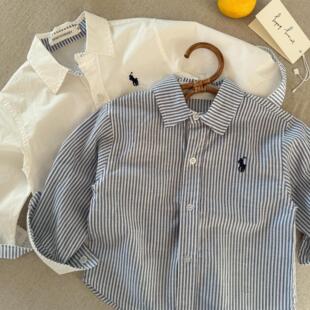 儿童条纹衬衫2025新款春秋季男女童长袖白衬衣宝宝日系翻领学院风