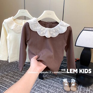 小女孩韩系弹力长袖 新款 T恤百搭上衣 2025秋季 女童坑条花边打底衫