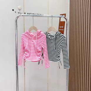 新款 上衣潮 抽绳打底帽衫 女童条纹连帽打底衣2023春季 儿童韩版 薄款