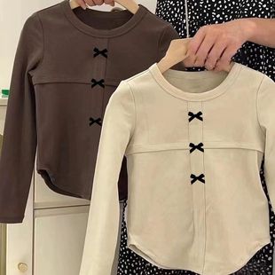 百搭蝴蝶结时尚 T恤上衣爆款 春秋款 圆领纯色修身 长袖 女童2025新款